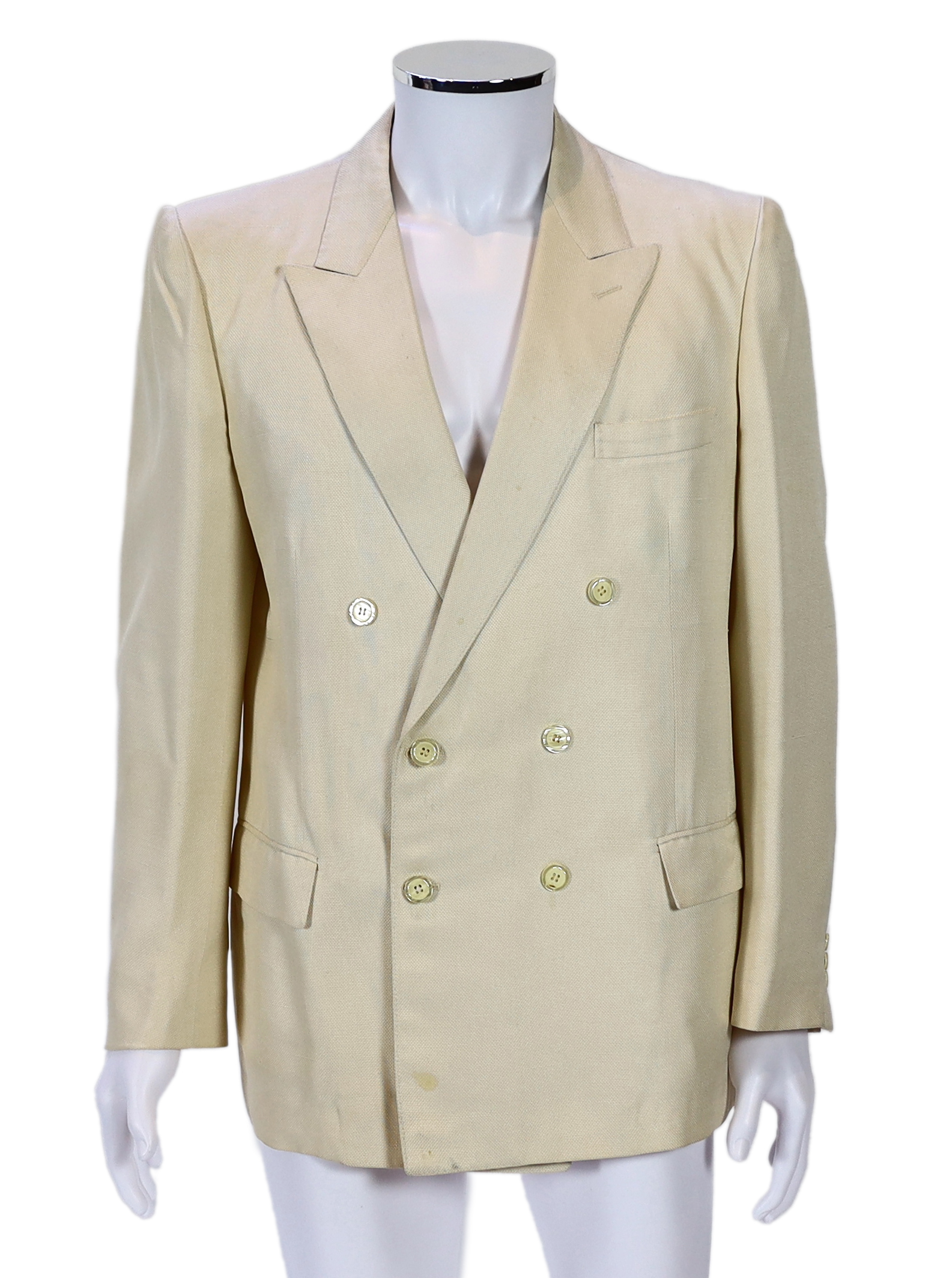 A Saint Laurent rive gauche gentlemen's cream silk weave double breasted dinner jacket, approx size 42